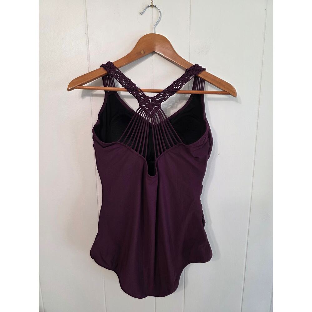 Profile by Gottex Tummy Control Solid One Piece Wine Macrame Swimsuit Womens 16